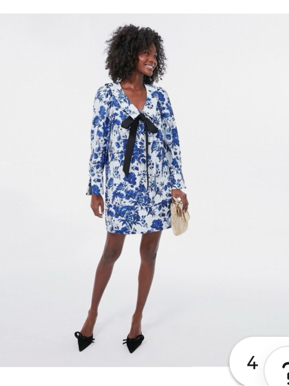 Tuckernuck Blue & White Floral Tie-Neck Mini Dress with Black Bow